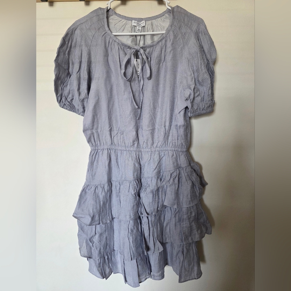 Current Air Light Gray‎ Tiered Ruffle Dress Puff Sleeve Front Tie Sz Small